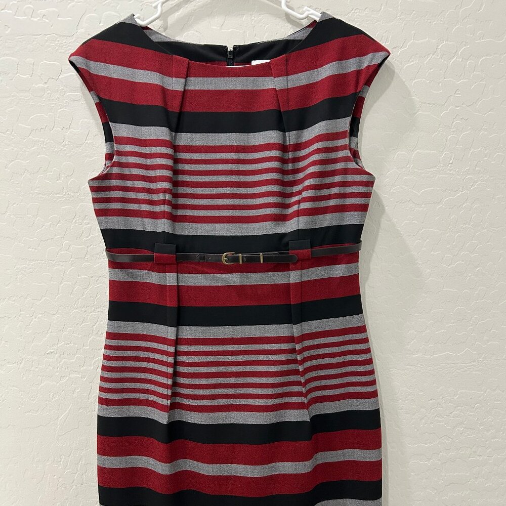 Calvin Klein Striped Sheath Dress - Black, Gray & Burgundy - Size 6